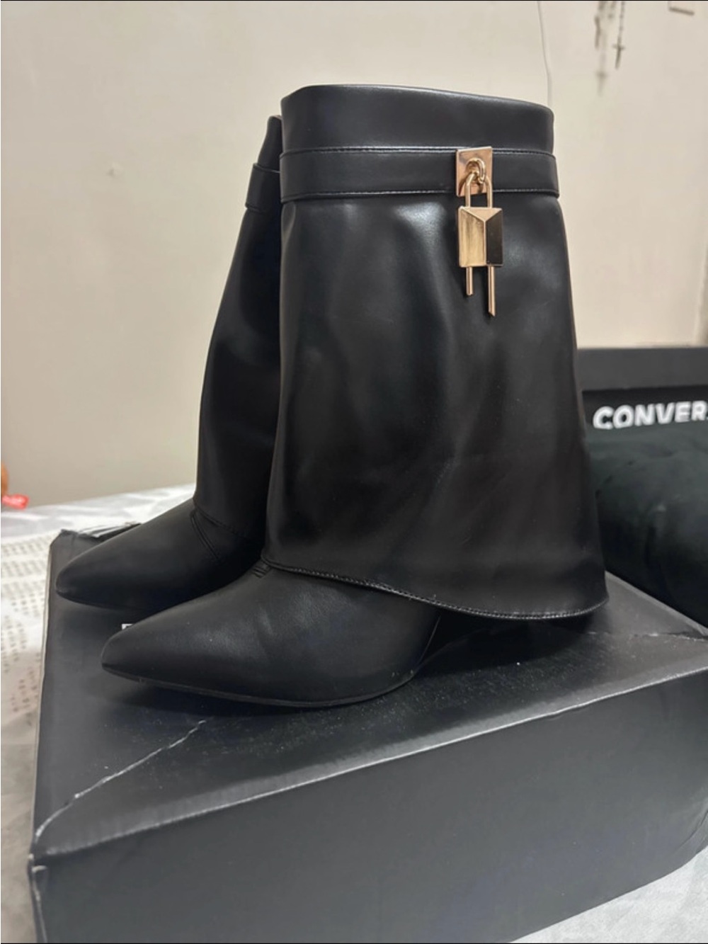 Fashion Nova Black Pointed Toe Mid-Calf Boots with Gold Lock Charm